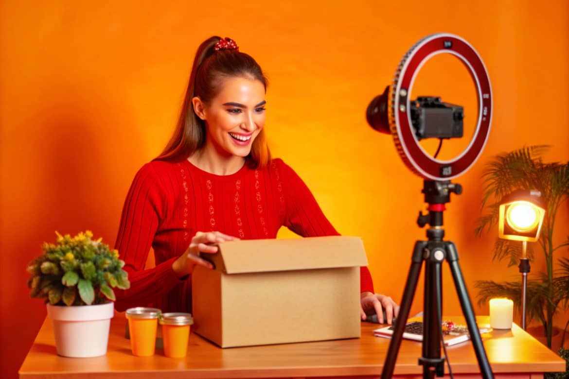 Social Media Influencer Unboxing a Product with Professional Camera Setup